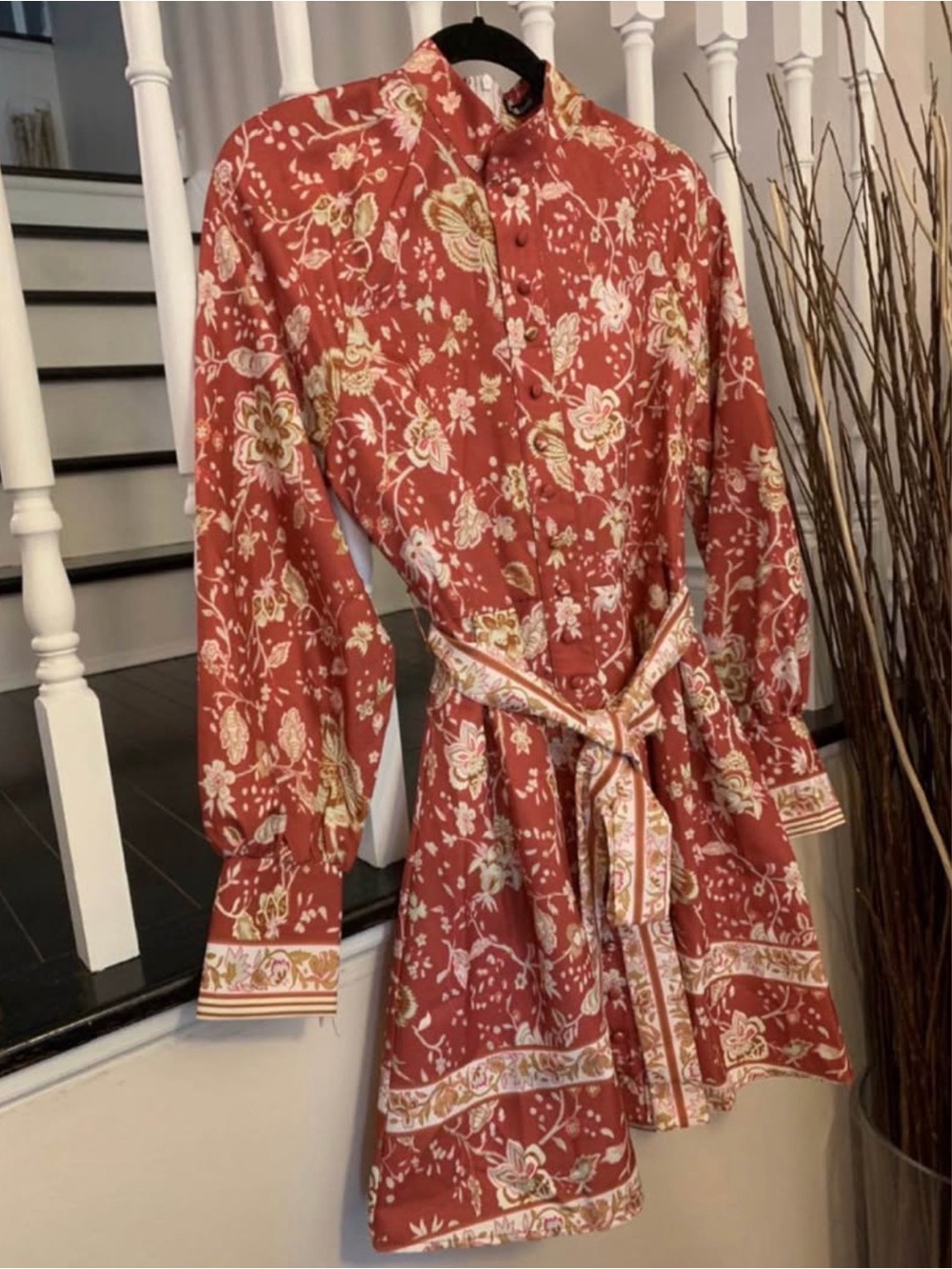 Rust Floral Button-Front Belted Kimono Style Dress